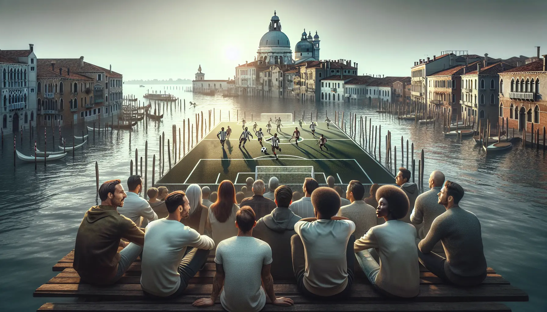 Giocatori di calcio in azione su un campo a Venezia, con il panorama della città sullo sfondo.