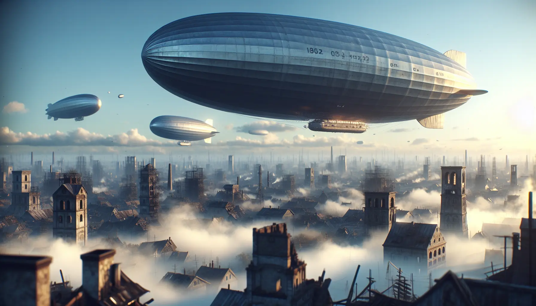 Un dirigibile elegante che solca il cielo blu, con nuvole bianche sullo sfondo, simbolo di avventura e innovazione.