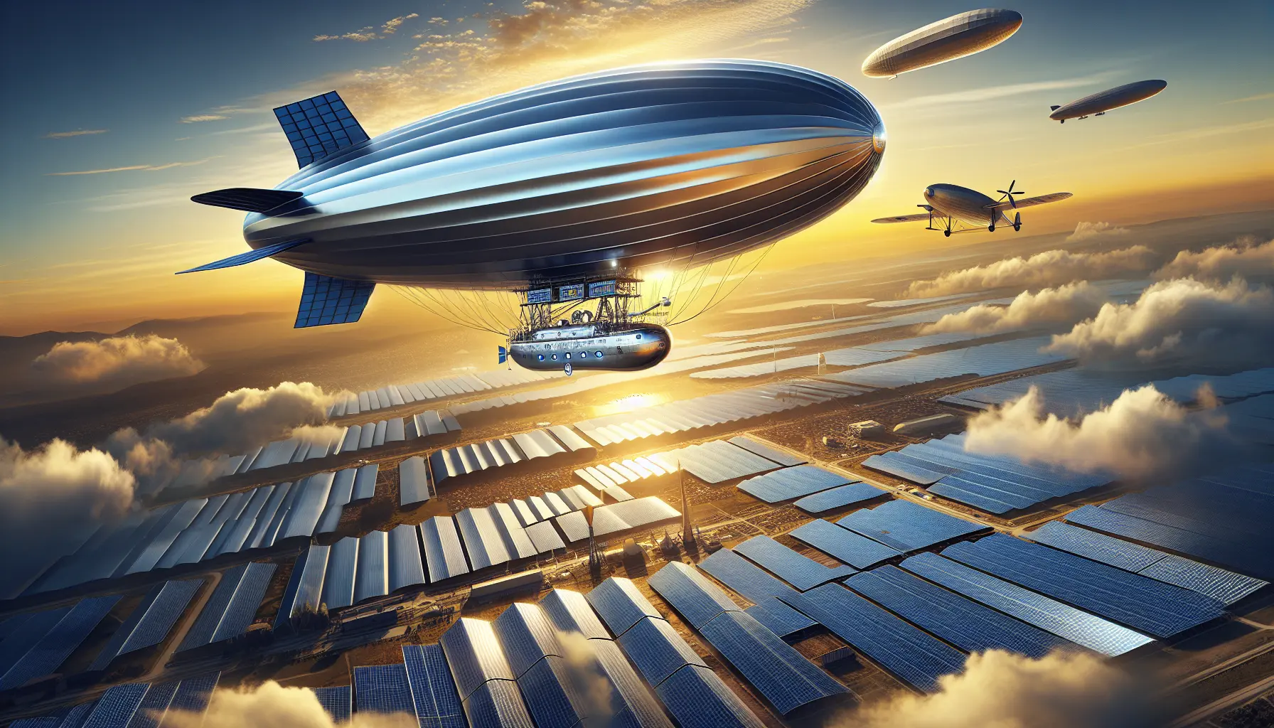 Un dirigibile sorvola un paesaggio mozzafiato, simbolo di innovazione e sostenibilità nell'aviazione moderna.