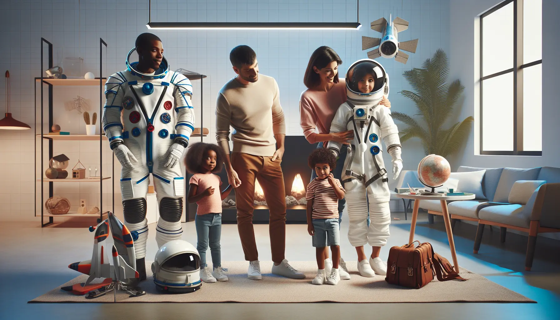 Famiglia che osserva la Terra dallo spazio, emozionata e meravigliata