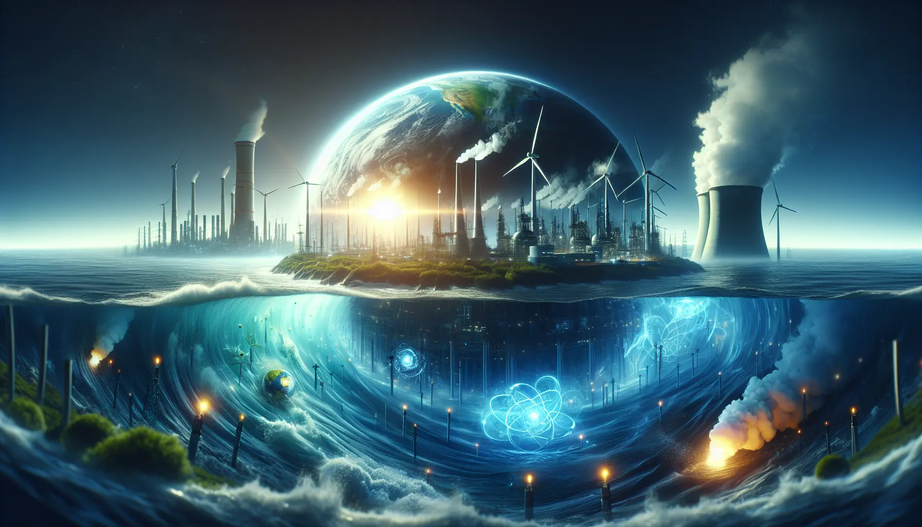 Rappresentazione grafica di un impianto di energia oceanica e di un reattore a fusione nucleare