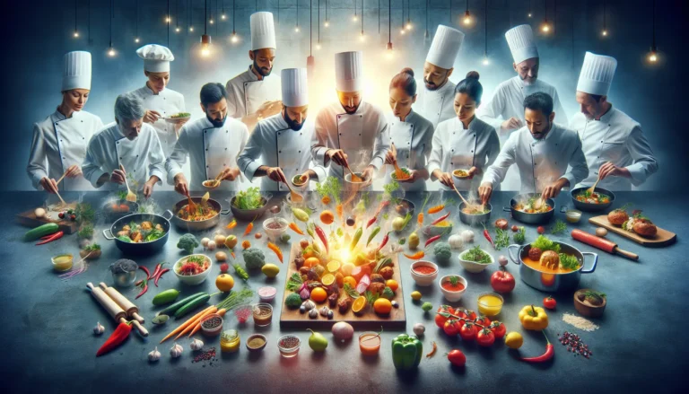 Un piatto di fusion food che combina ingredienti freschi e tradizioni culinarie diverse, presentato in modo creativo.