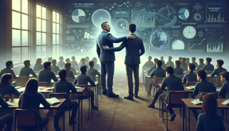 Un insegnante che guida uno studente in un programma di mentoring, parlando di competenze trasversali e sviluppo personale.