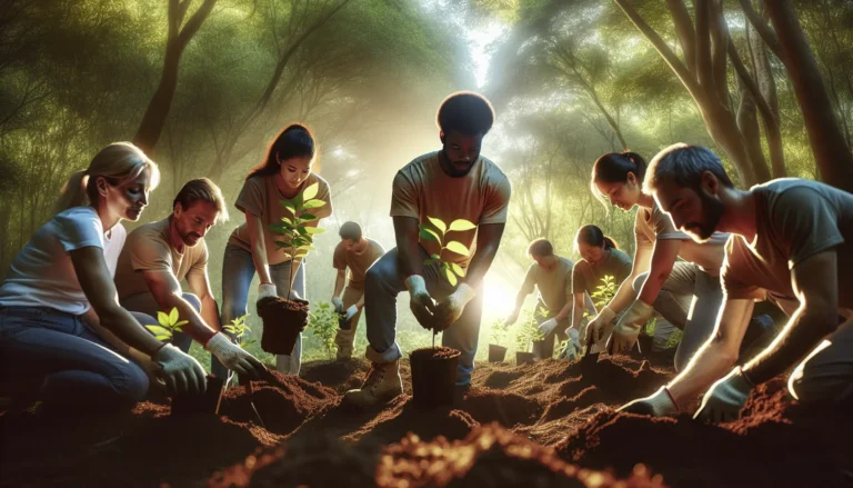 Gruppo di volontari che puliscono una spiaggia, circondati dalla natura e dal mare.