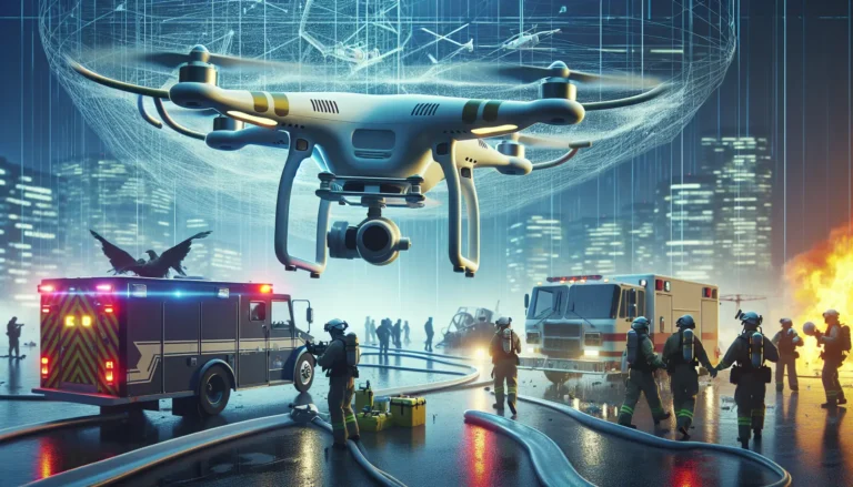 Un drone in volo sopra un'area di emergenza durante un'operazione di soccorso