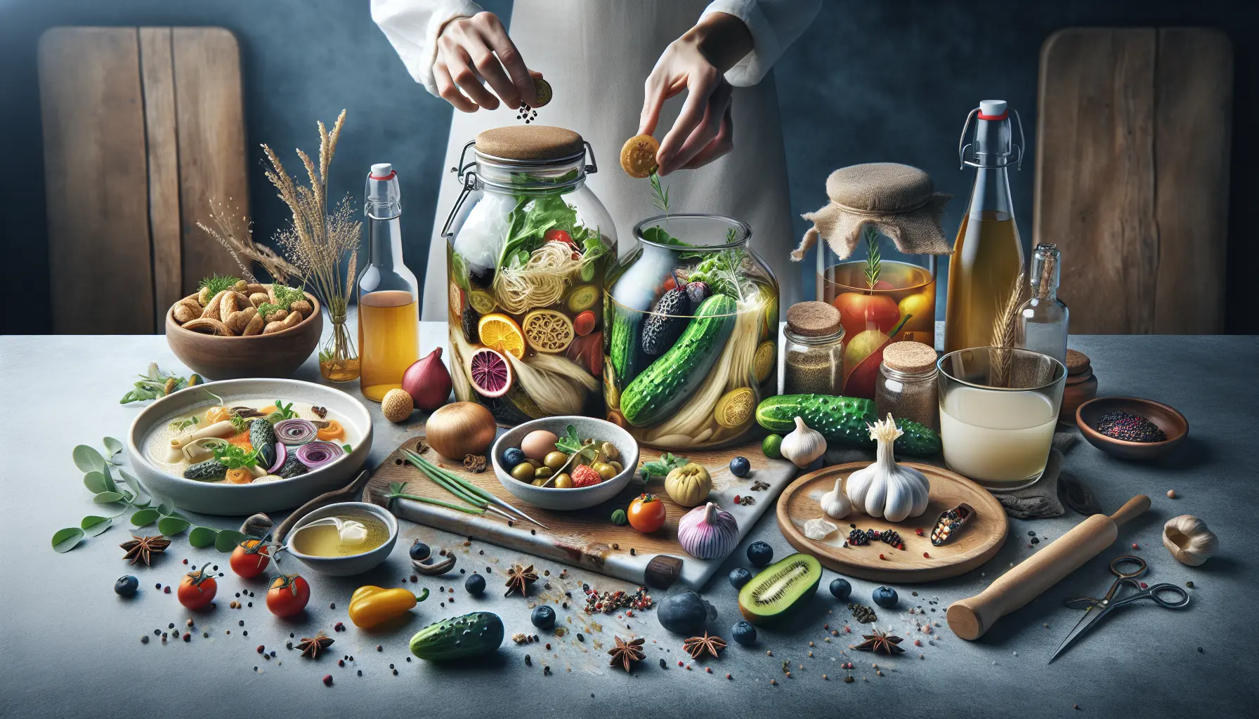 Immagine di vari alimenti fermentati come crauti, kimchi e yogurt, disposti su un tavolo di legno, che rappresentano la fermentazione nella cucina moderna.