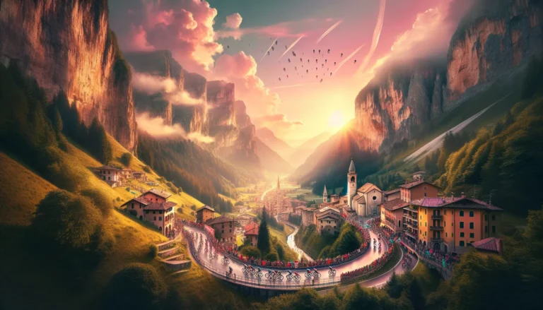 Ciclisti durante una tappa del Giro d'Italia che attraversano un paesaggio storico italiano.