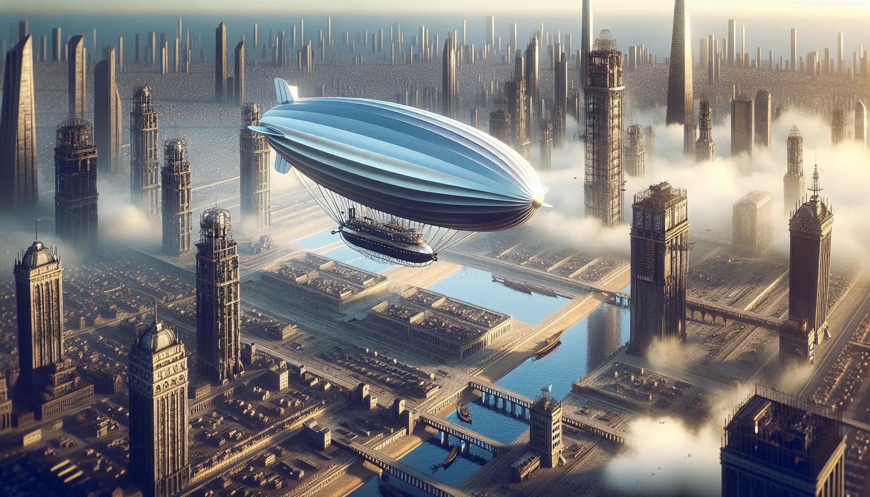 Un dirigibile storico in volo sopra un paesaggio urbano, simbolo di innovazione nell'aviazione.