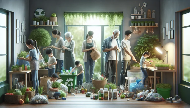 Famiglia che partecipa a un'attività ecologica all'aperto, come la pulizia di un parco.