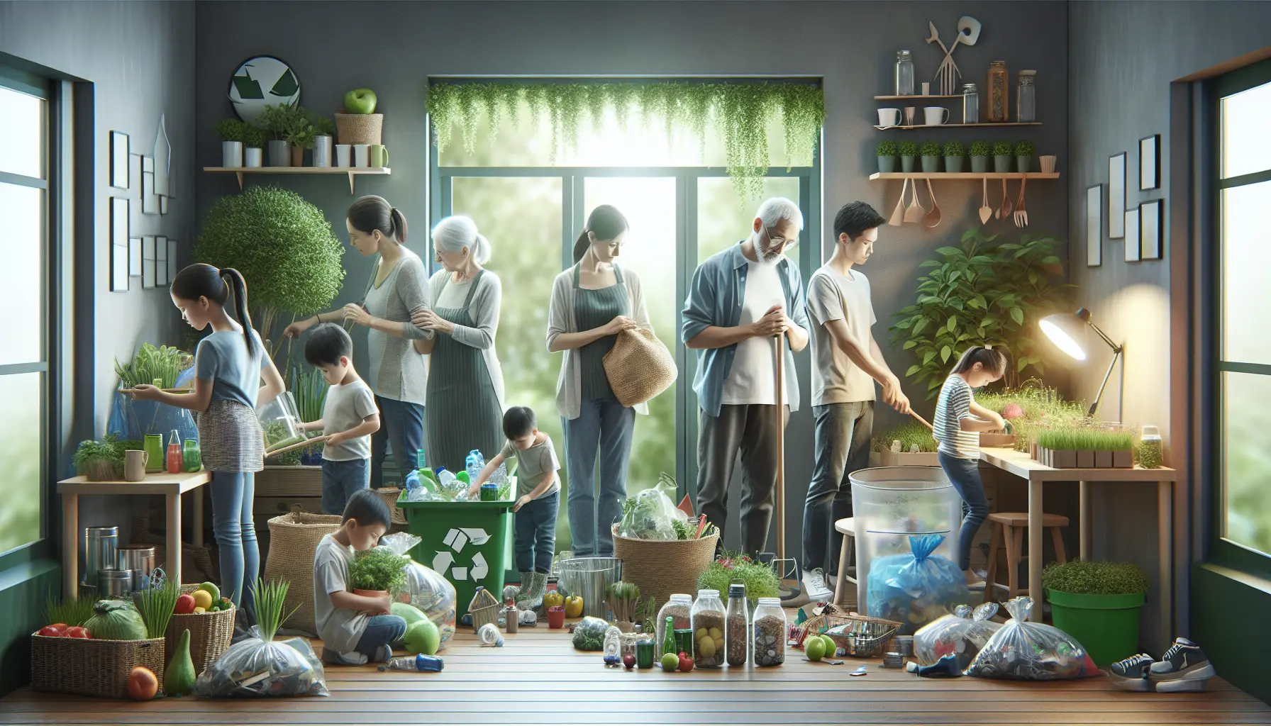 Famiglia che partecipa a un'attività ecologica all'aperto, come la pulizia di un parco.