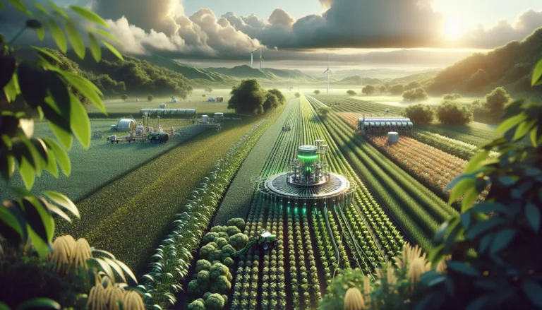 Un campo agricolo con tecnologie moderne come droni e sensori per l'agricoltura di precisione.