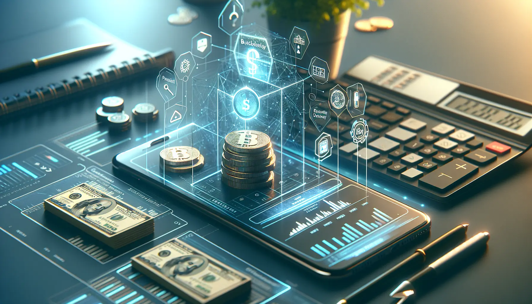 Un'immagine che rappresenta l'uso della tecnologia nella gestione delle finanze personali, con smartphone e grafici di budgeting.