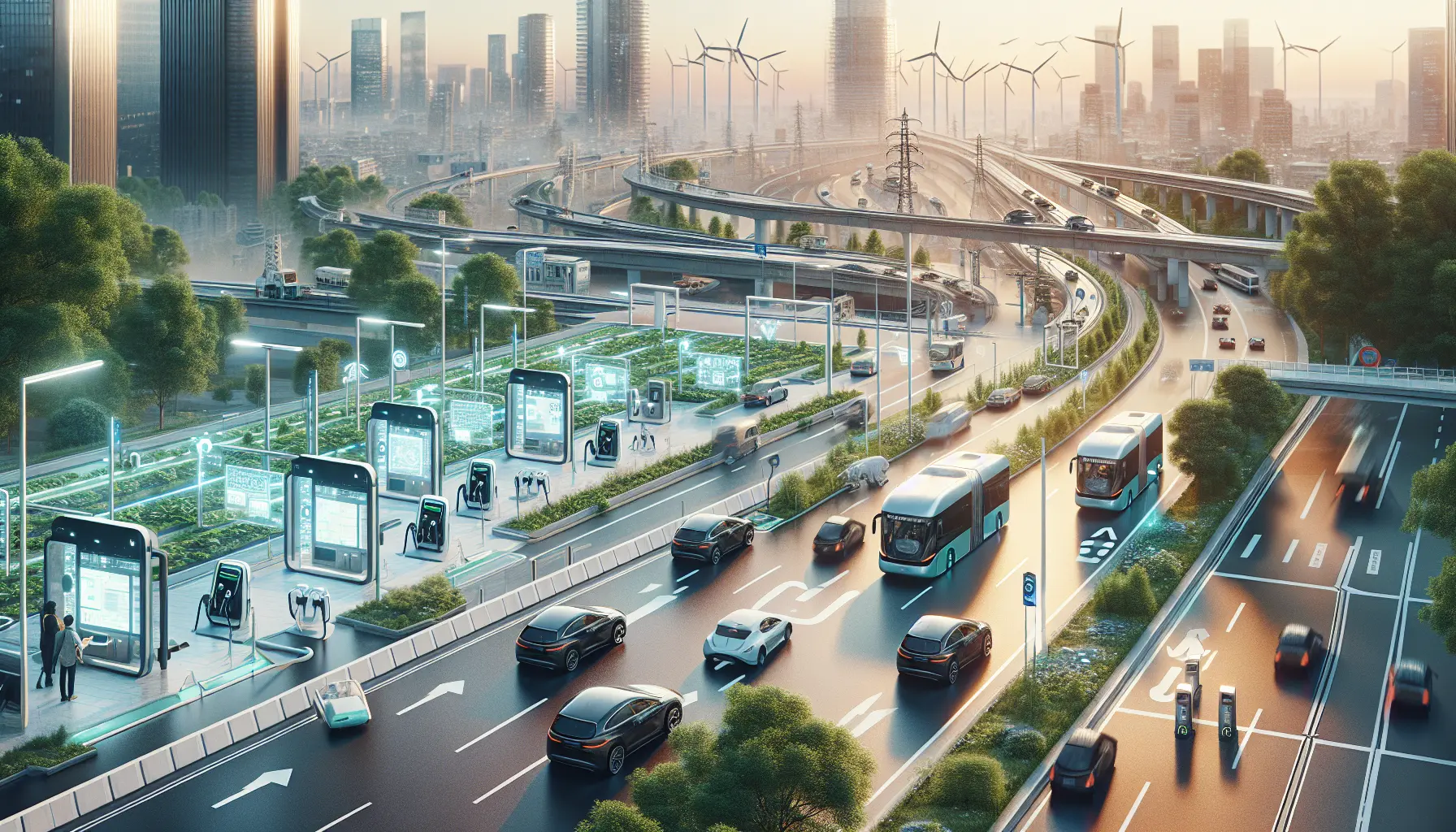 Una città moderna con veicoli elettrici e piste ciclabili, simbolo della mobilità sostenibile.