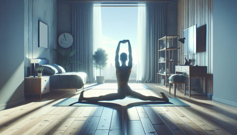 Una persona che pratica stretching in un ambiente tranquillo, simbolo di rilassamento e consapevolezza.