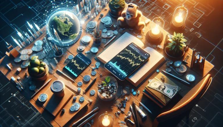 Una persona che utilizza un'app per investire su Trade Republic, circondata da grafici di mercato e simboli di crescita economica.