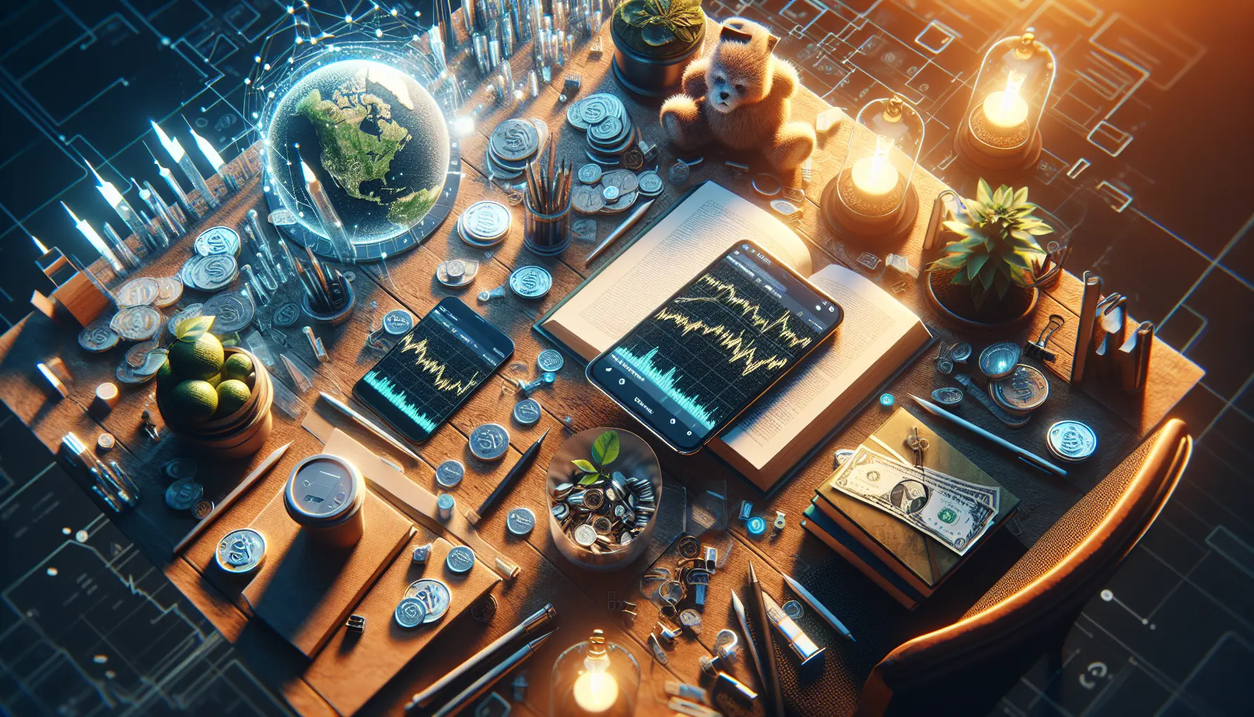 Una persona che utilizza un'app per investire su Trade Republic, circondata da grafici di mercato e simboli di crescita economica.