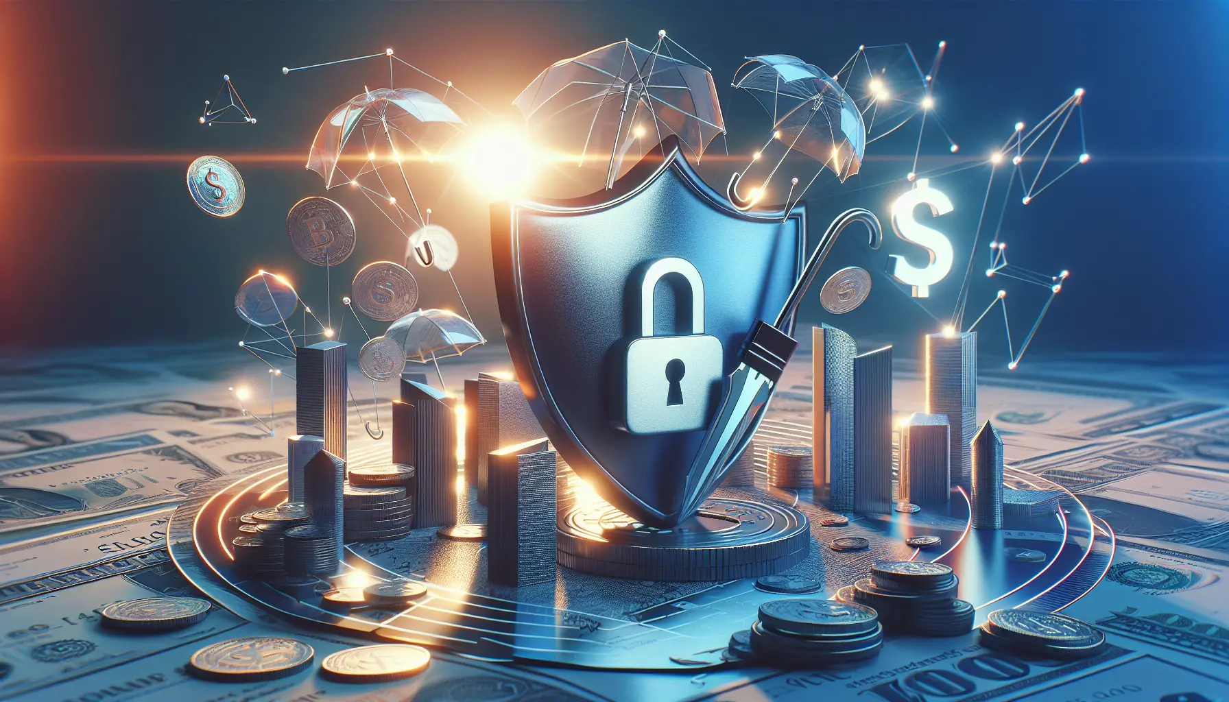 Concetto di protezione finanziaria attraverso le assicurazioni, con simboli di sicurezza e investimenti