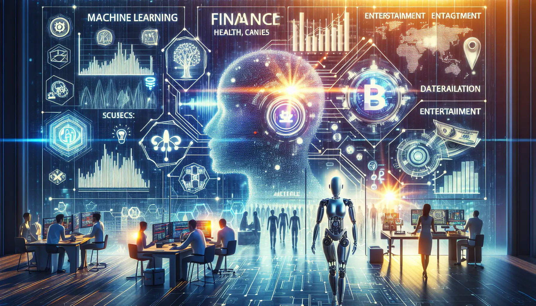 Un'immagine che rappresenta il machine learning, con grafici, codici e dati che fluiscono in un ambiente digitale.
