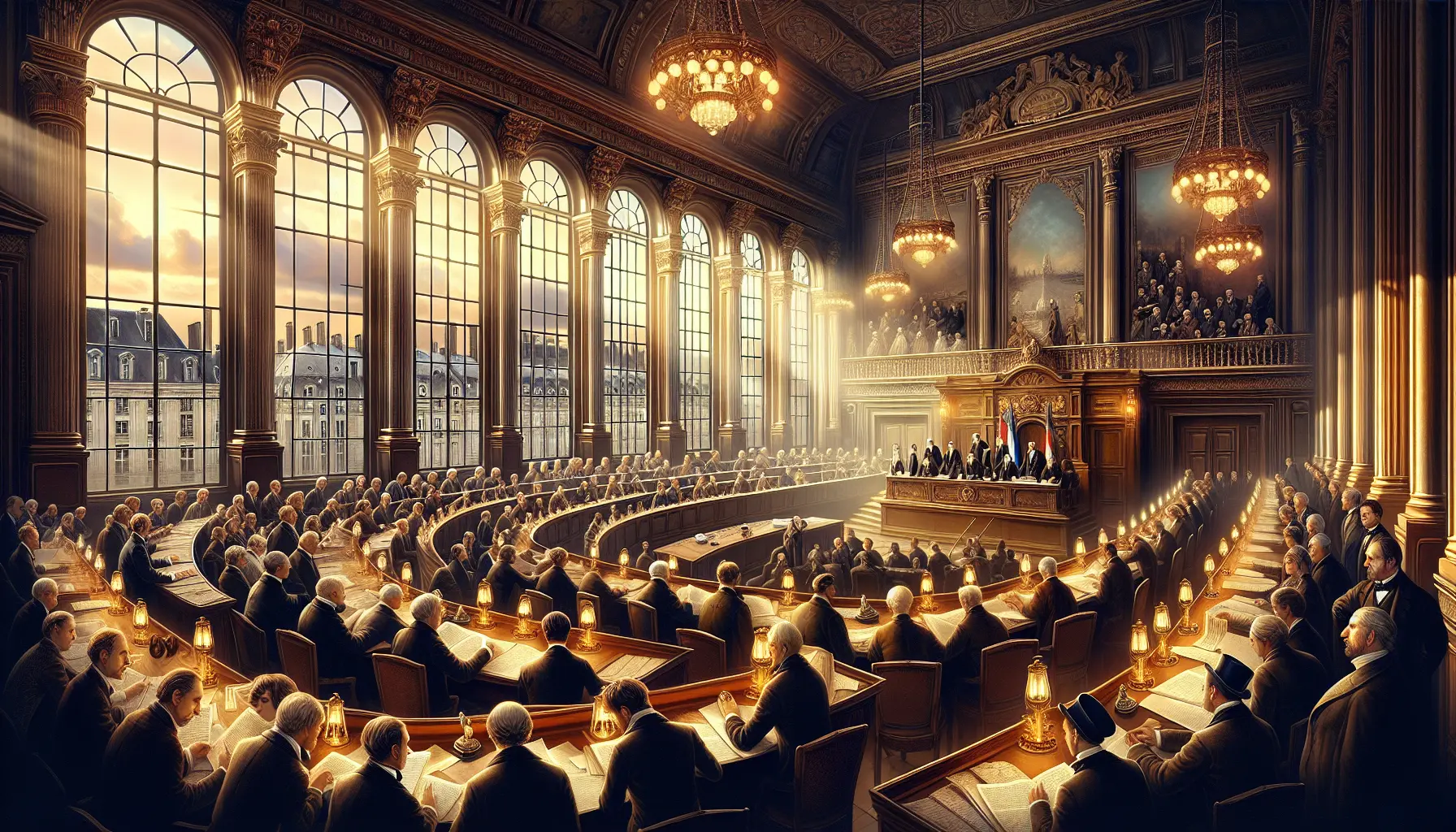 Rappresentazione artistica del Congresso di Parigi, con i delegati riuniti attorno a un tavolo ornato, mentre discutono ferventemente.