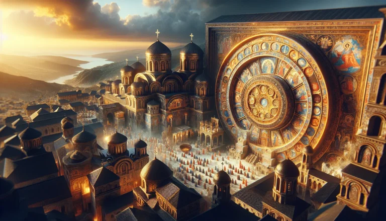 Un mosaico bizantino che rappresenta scene religiose e storiche, simbolo dell'influenza culturale dell'Impero Romano d'Oriente.