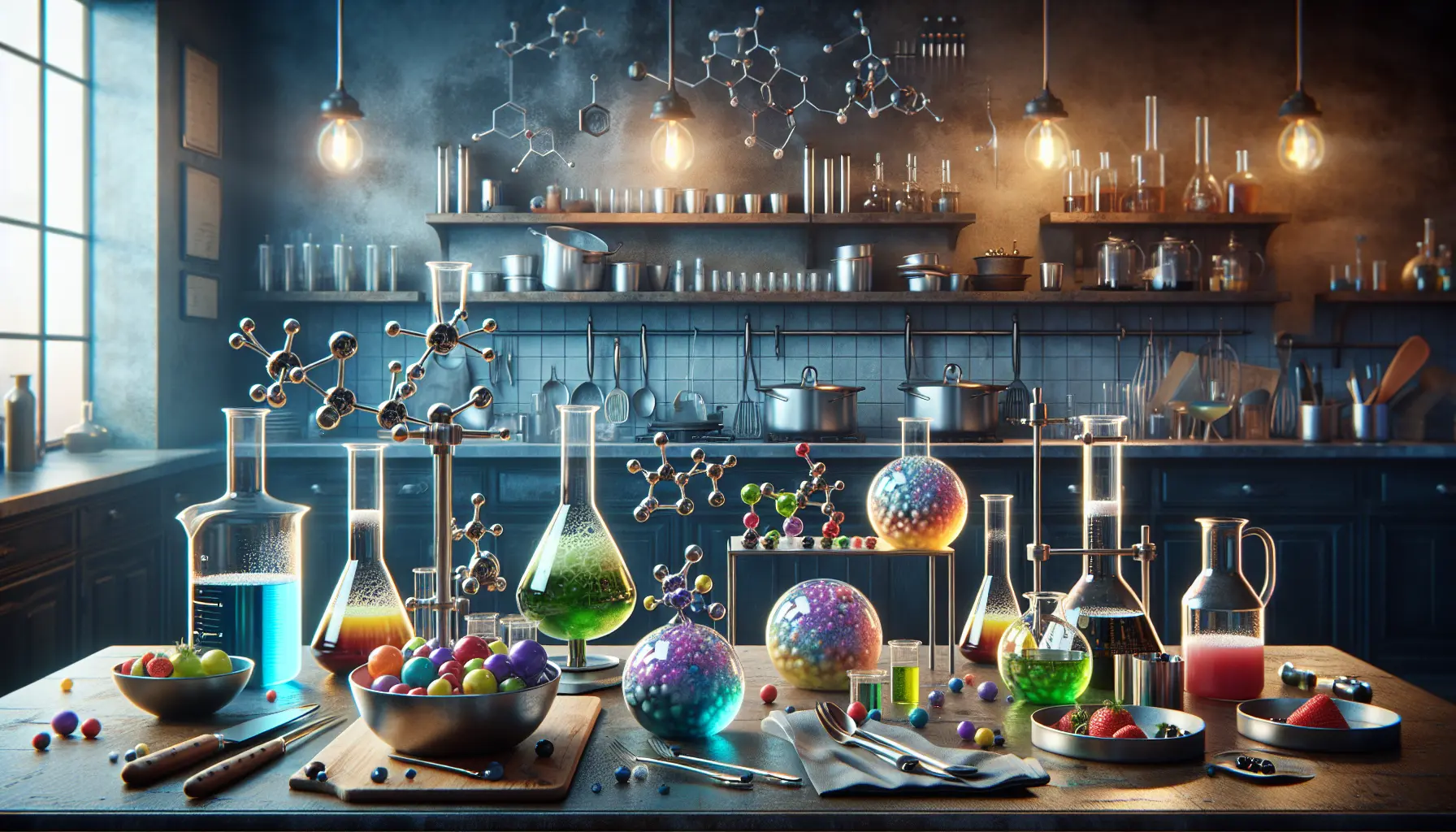 Piatto innovativo di cucina molecolare con sferificazione e schiume