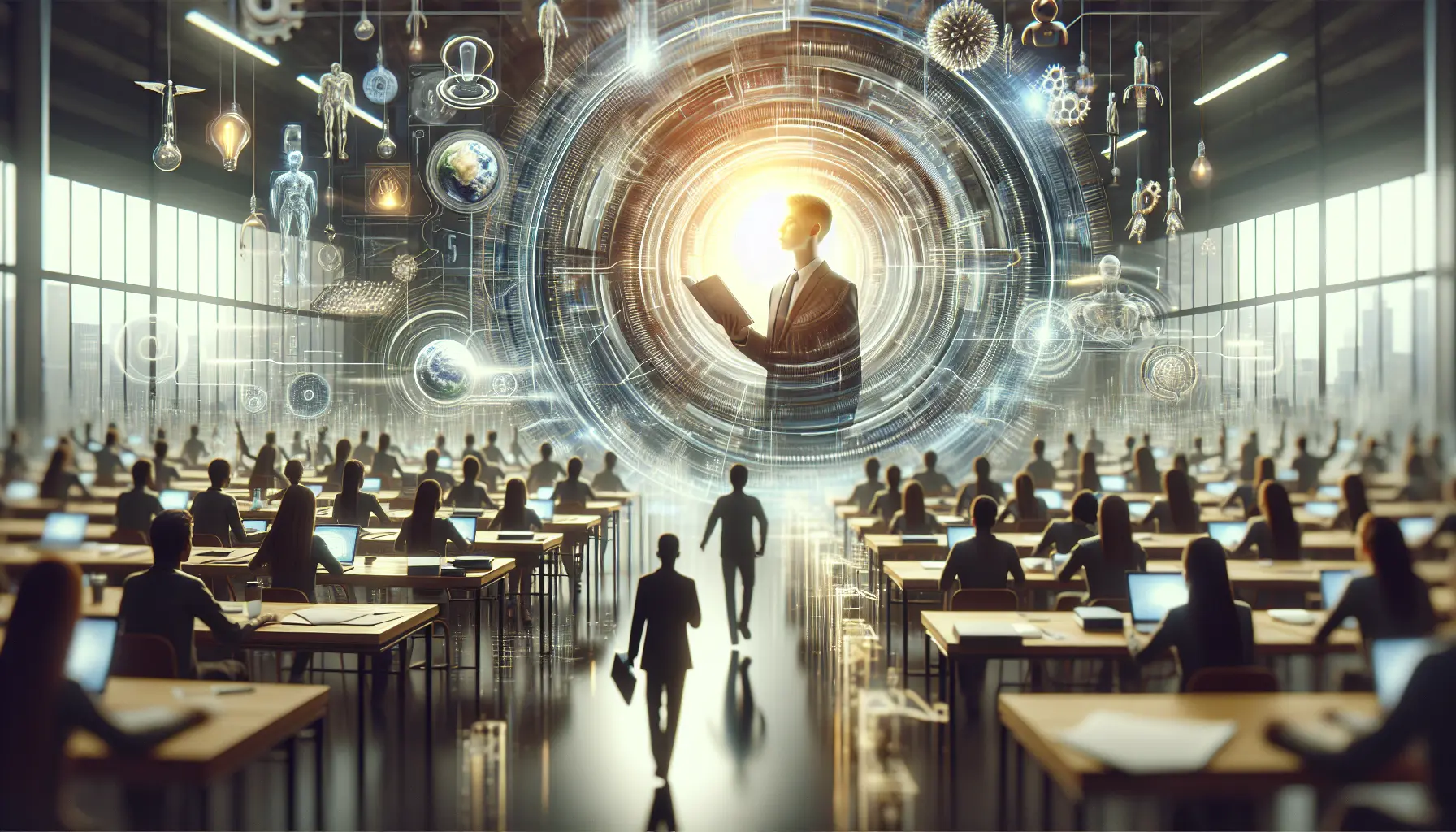 Un insegnante utilizza la tecnologia dell'intelligenza artificiale per interagire con gli studenti in un ambiente di apprendimento moderno.