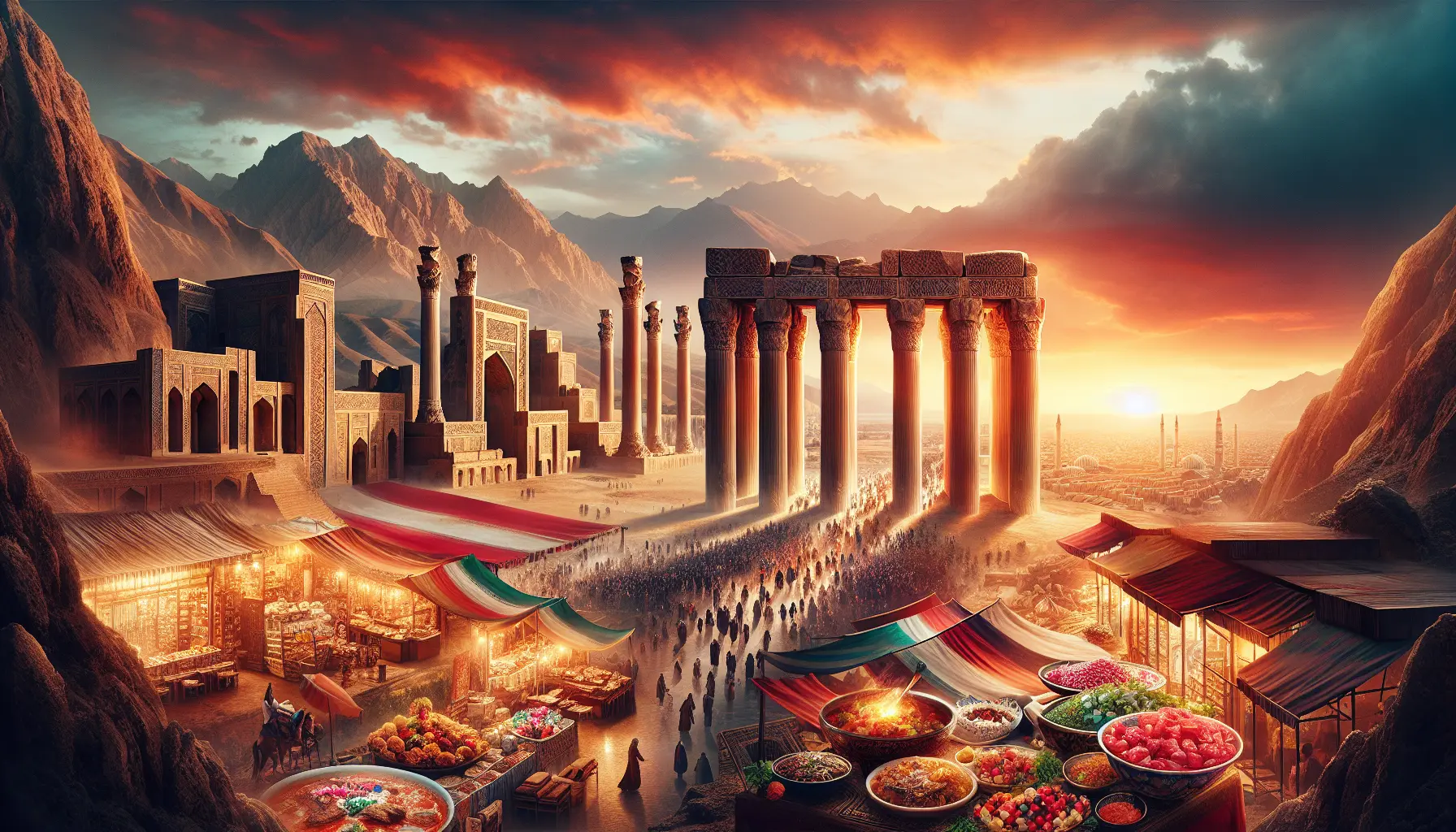 Paesaggio di Persepolis con le sue antiche rovine e colonne imponenti, circondate da un cielo blu.