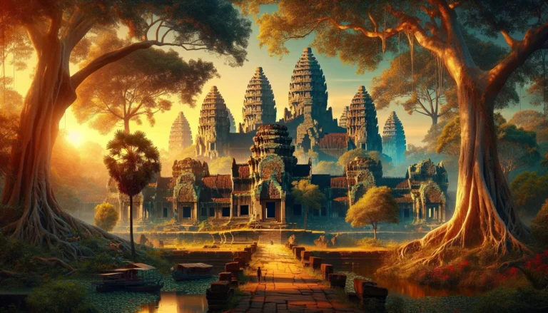 Un panorama dei templi di Angkor Wat al sorgere del sole, circondati da una vegetazione lussureggiante.