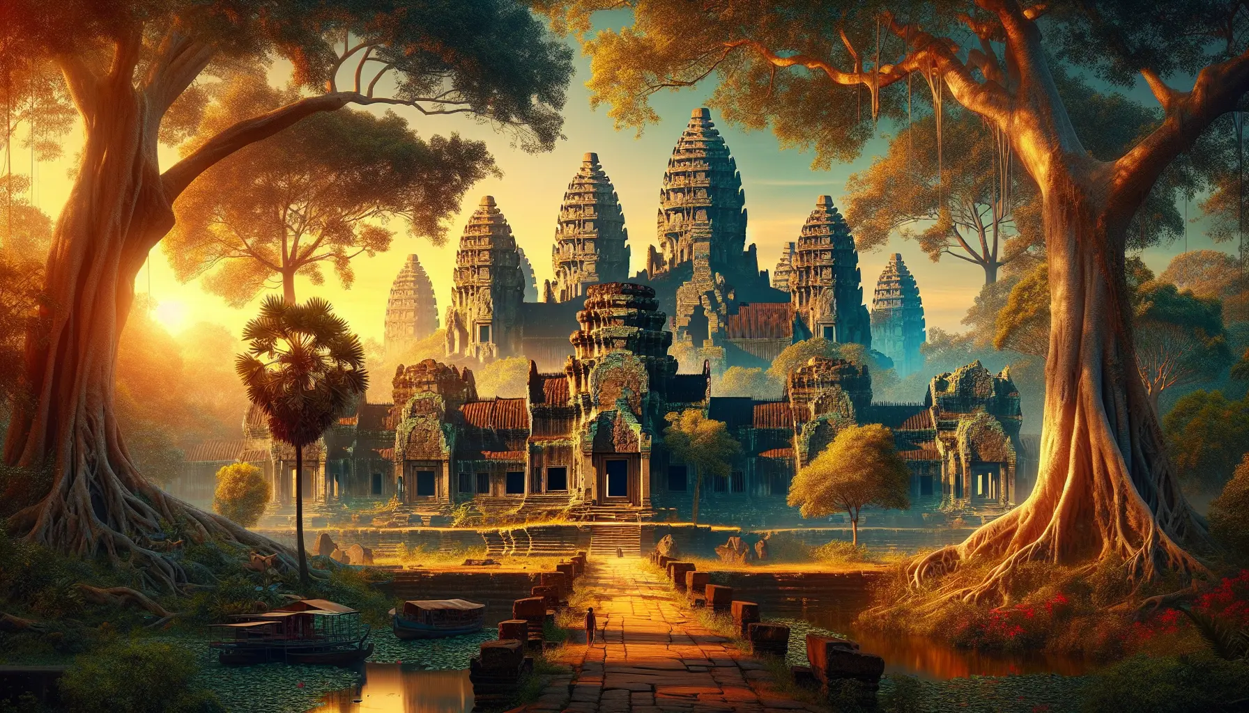 Un panorama dei templi di Angkor Wat al sorgere del sole, circondati da una vegetazione lussureggiante.