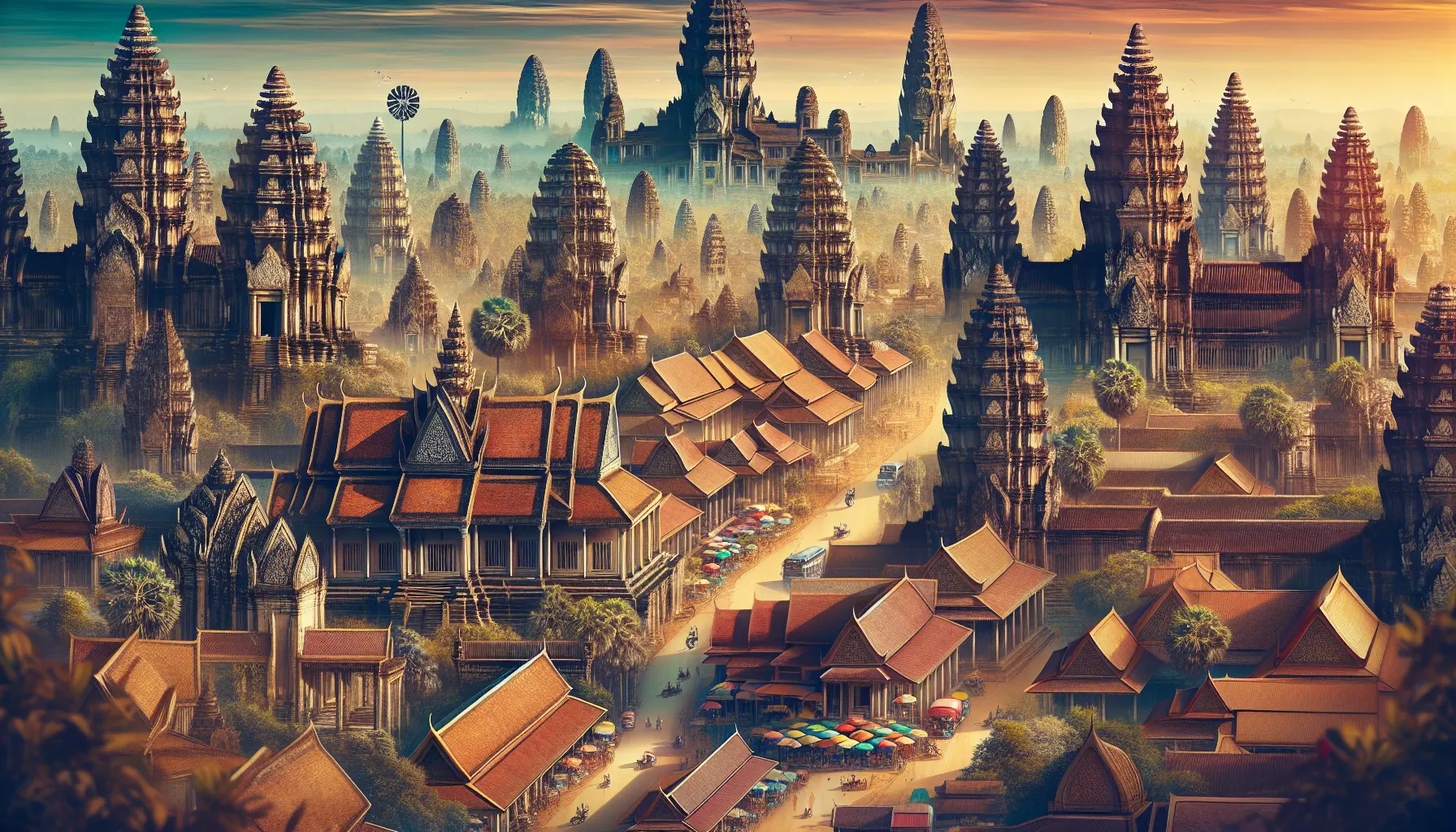 Vista panoramica del tempio di Angkor Wat al tramonto, simbolo della Cambogia e della sua ricca storia culturale.