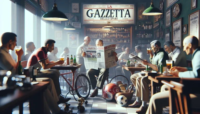 Un lettore che sfoglia La Gazzetta dello Sport in un bar, circondato da altri appassionati di sport.