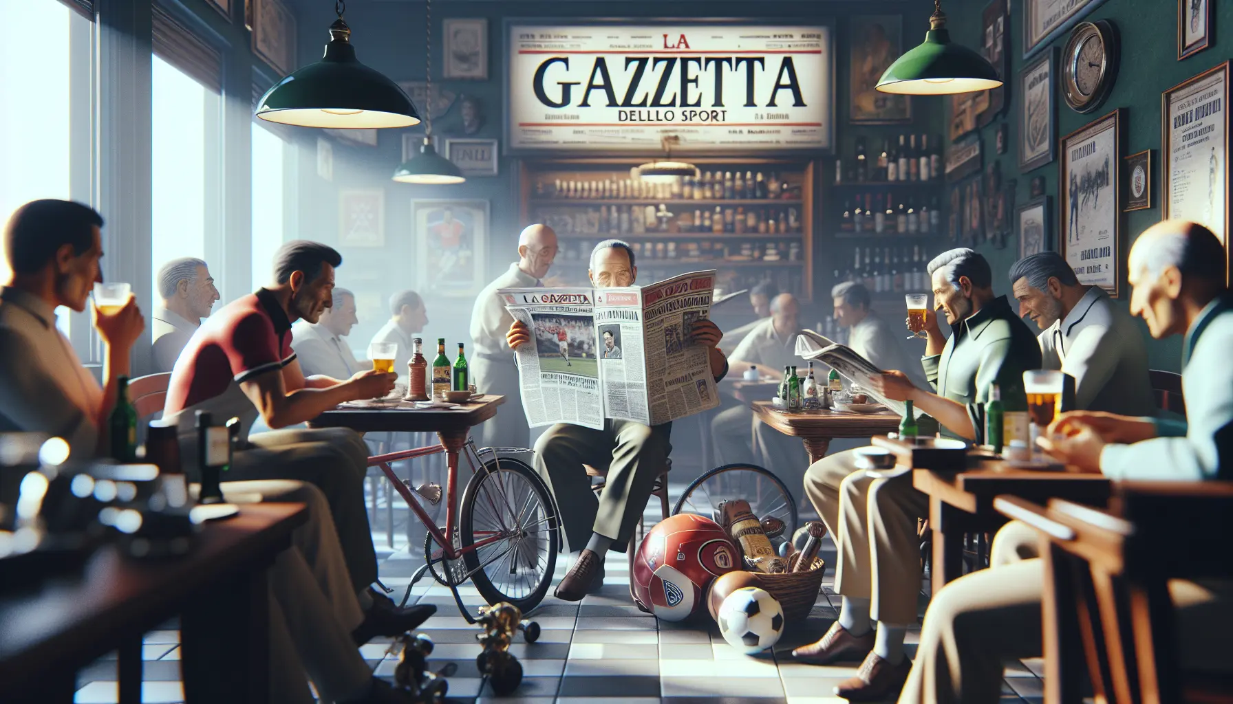 Un lettore che sfoglia La Gazzetta dello Sport in un bar, circondato da altri appassionati di sport.