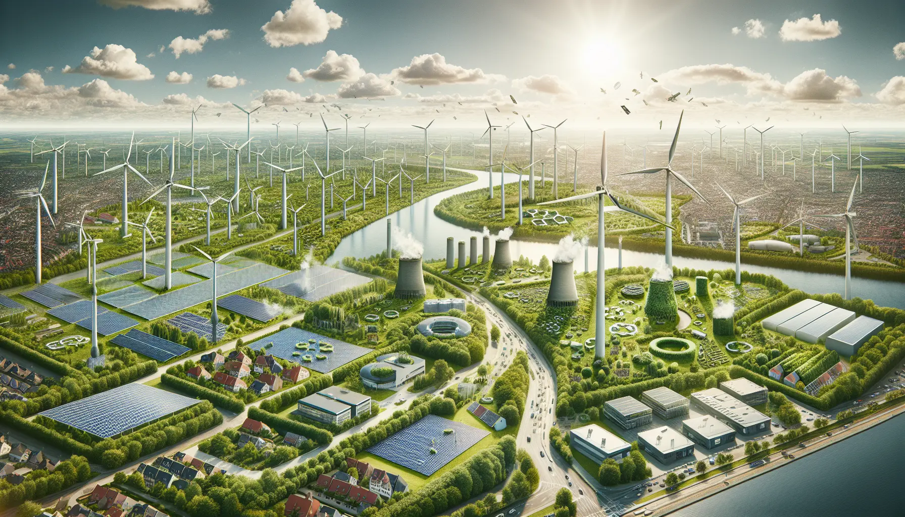 Paesaggio tedesco con turbine eoliche e pannelli solari, simbolo della transizione verso un'economia sostenibile.