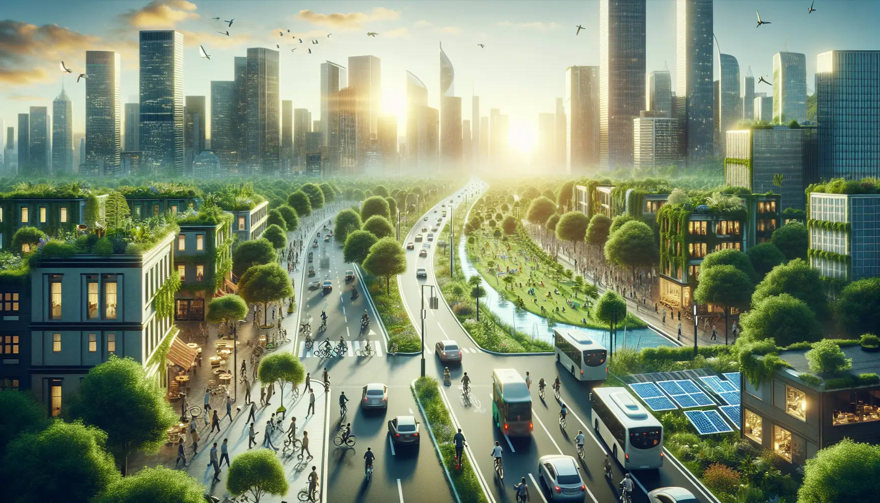 Una città moderna con piste ciclabili, spazi verdi e mezzi pubblici efficienti, simbolo della mobilità sostenibile.