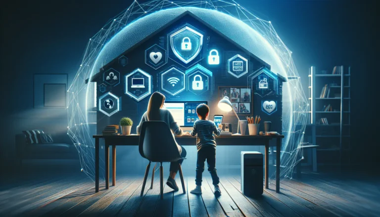 Un genitore che insegna al proprio figlio come navigare in sicurezza su internet.