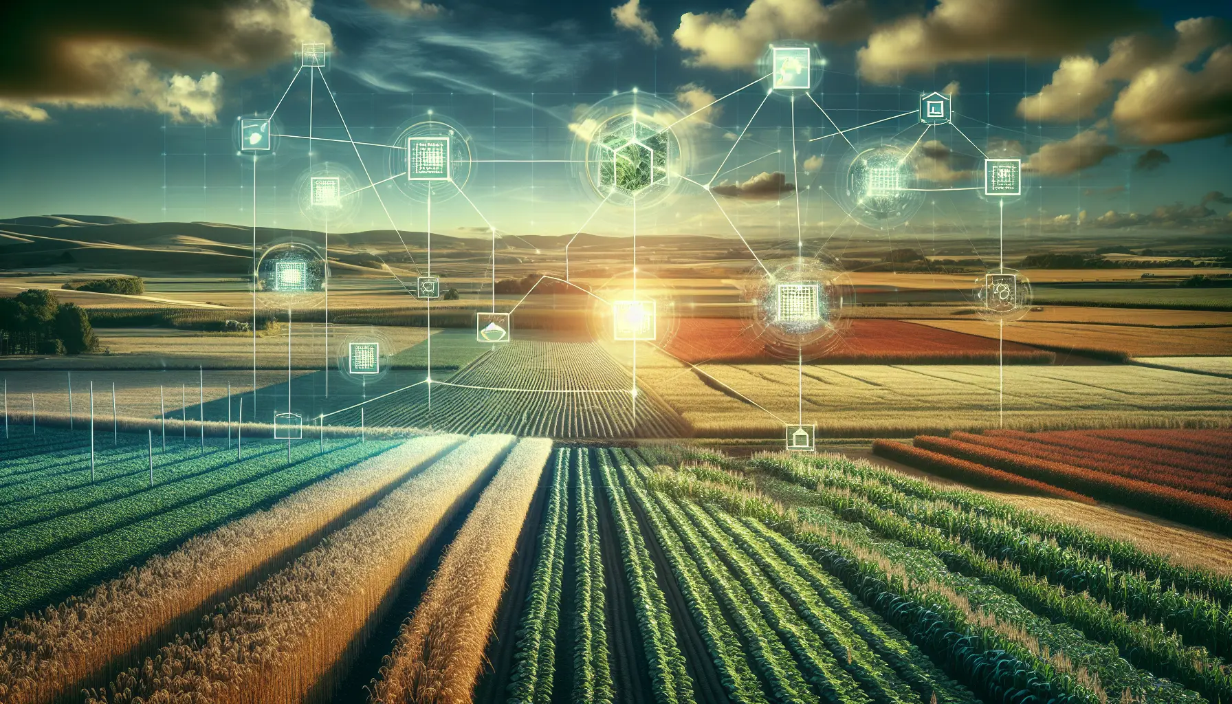 Un diagramma che illustra la tracciabilità alimentare attraverso la tecnologia blockchain, mostrando il percorso del cibo dalla produzione al consumo.