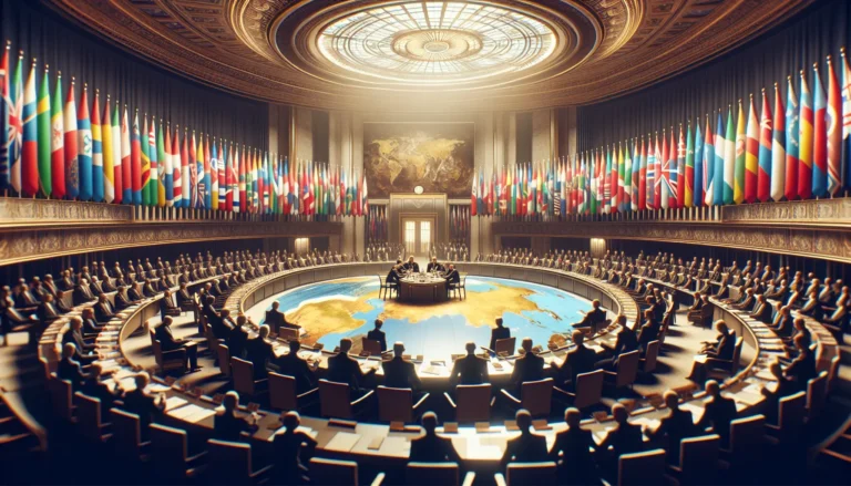 Rappresentazione visiva della Società delle Nazioni con diverse bandiere nazionali in un contesto di cooperazione internazionale.