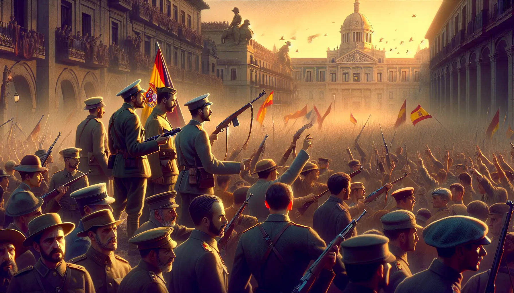 Rappresentazione artistica della guerra civile spagnola con soldati e civili in conflitto