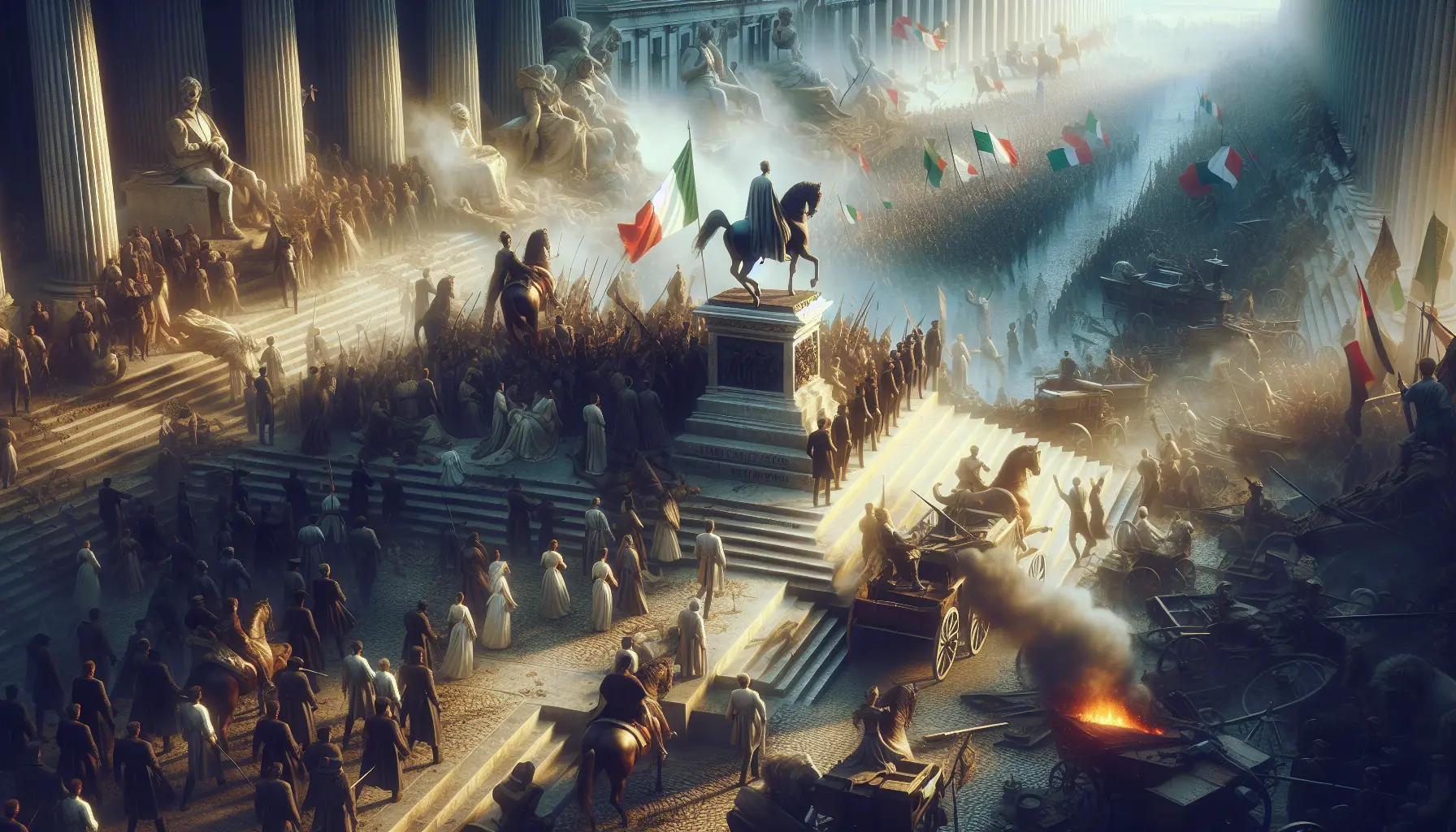 Rappresentazione storica della proclamazione del Regno d'Italia con simboli patriottici e figure storiche del Risorgimento.