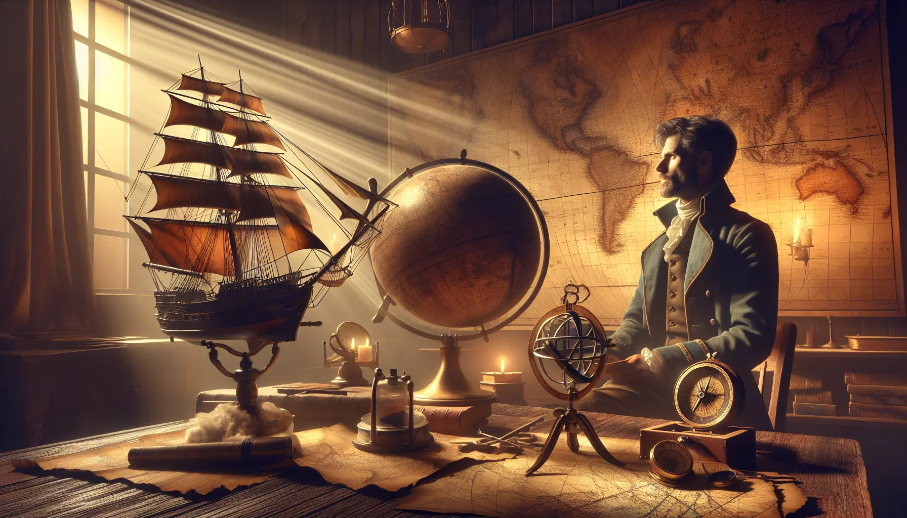 Rappresentazione di Sir Francis Drake in un contesto marittimo, con navi e mappe antiche sullo sfondo.