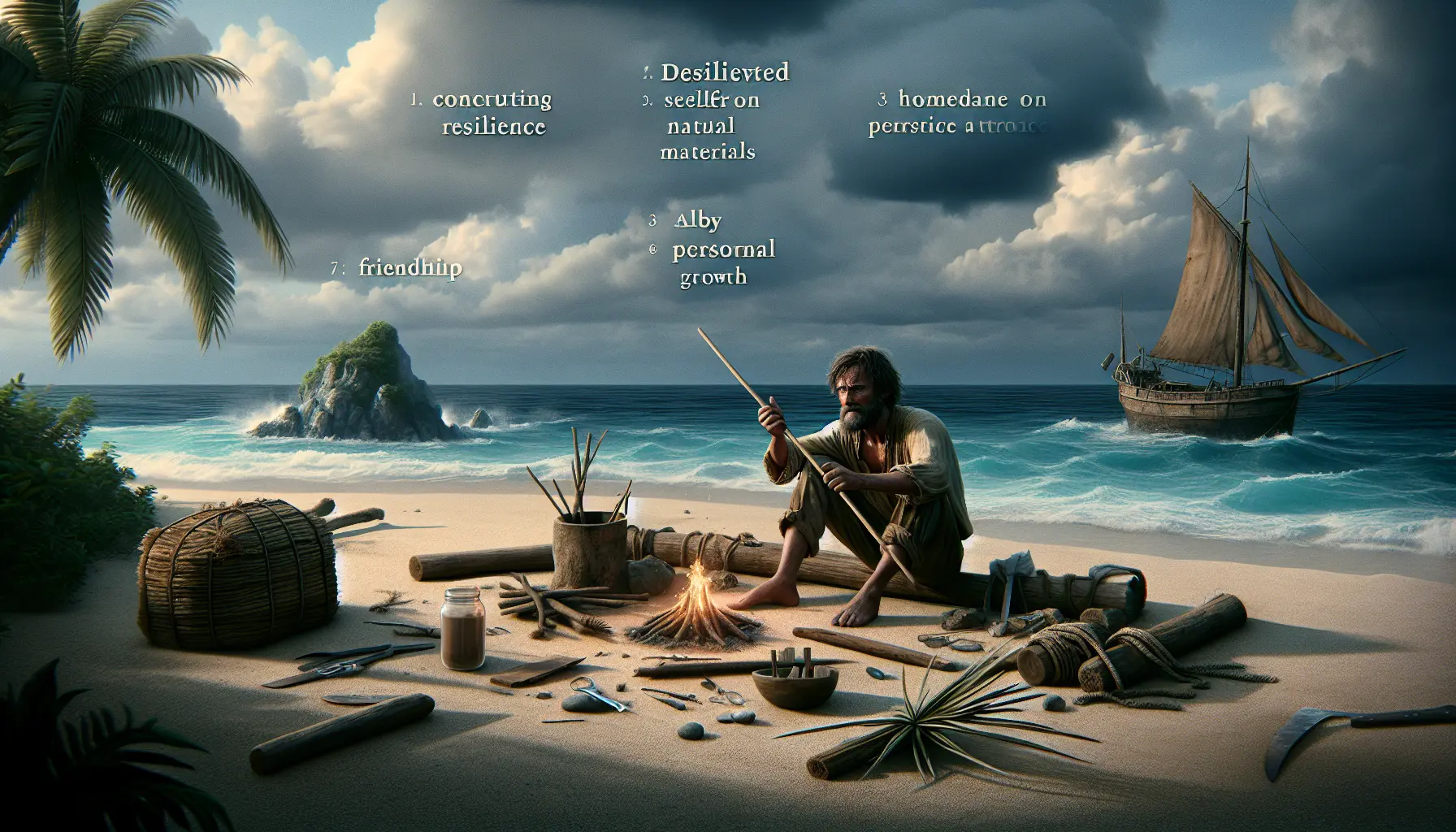 Un'immagine di Robinson Crusoe su un'isola deserta, circondato dalla natura selvaggia e dalla sua capanna.