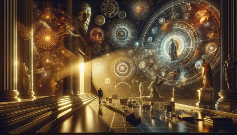 Rappresentazione artistica di Dante Alighieri mentre scrive la Divina Commedia, circondato da simboli della sua opera.