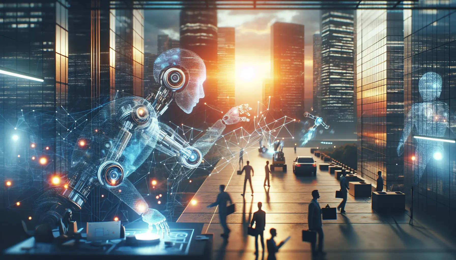 Ufficio moderno con robot e tecnologie avanzate che collaborano con i dipendenti