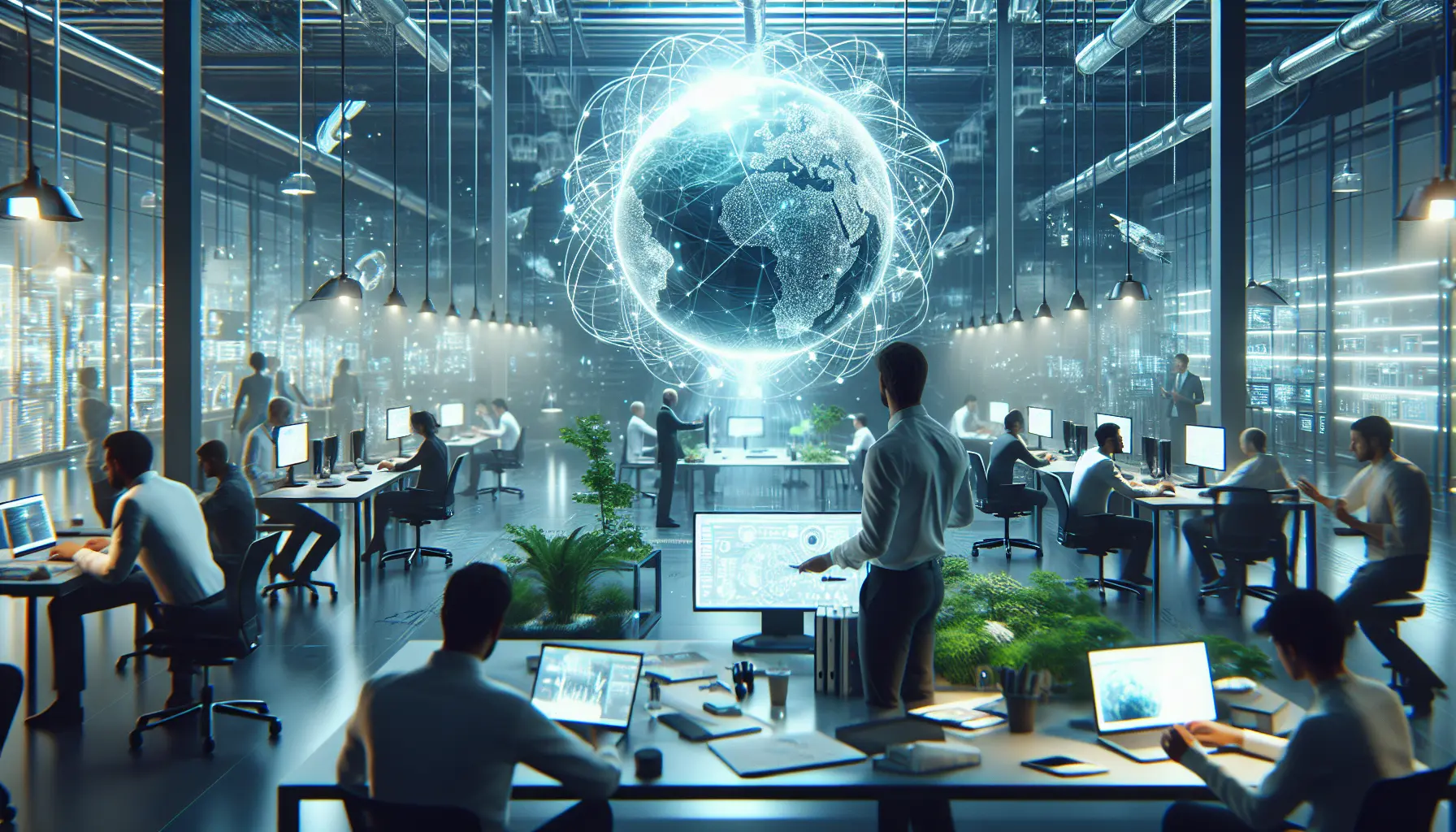 Un gruppo di giovani imprenditori che discutono idee innovative in un ambiente di coworking, rappresentando il dinamismo delle startup tecnologiche.