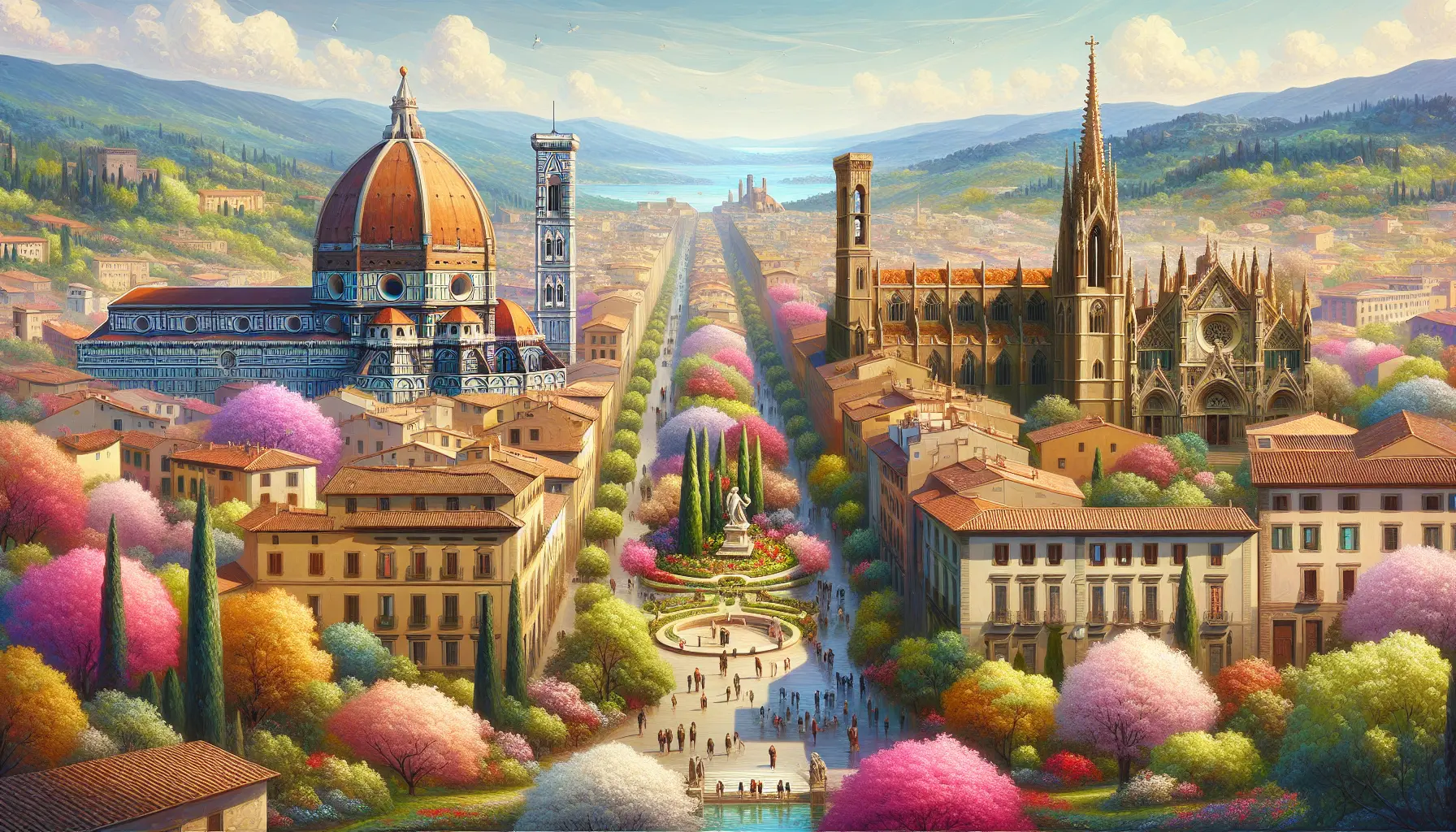 Panorama primaverile di un paesaggio fiorito con città storiche sullo sfondo