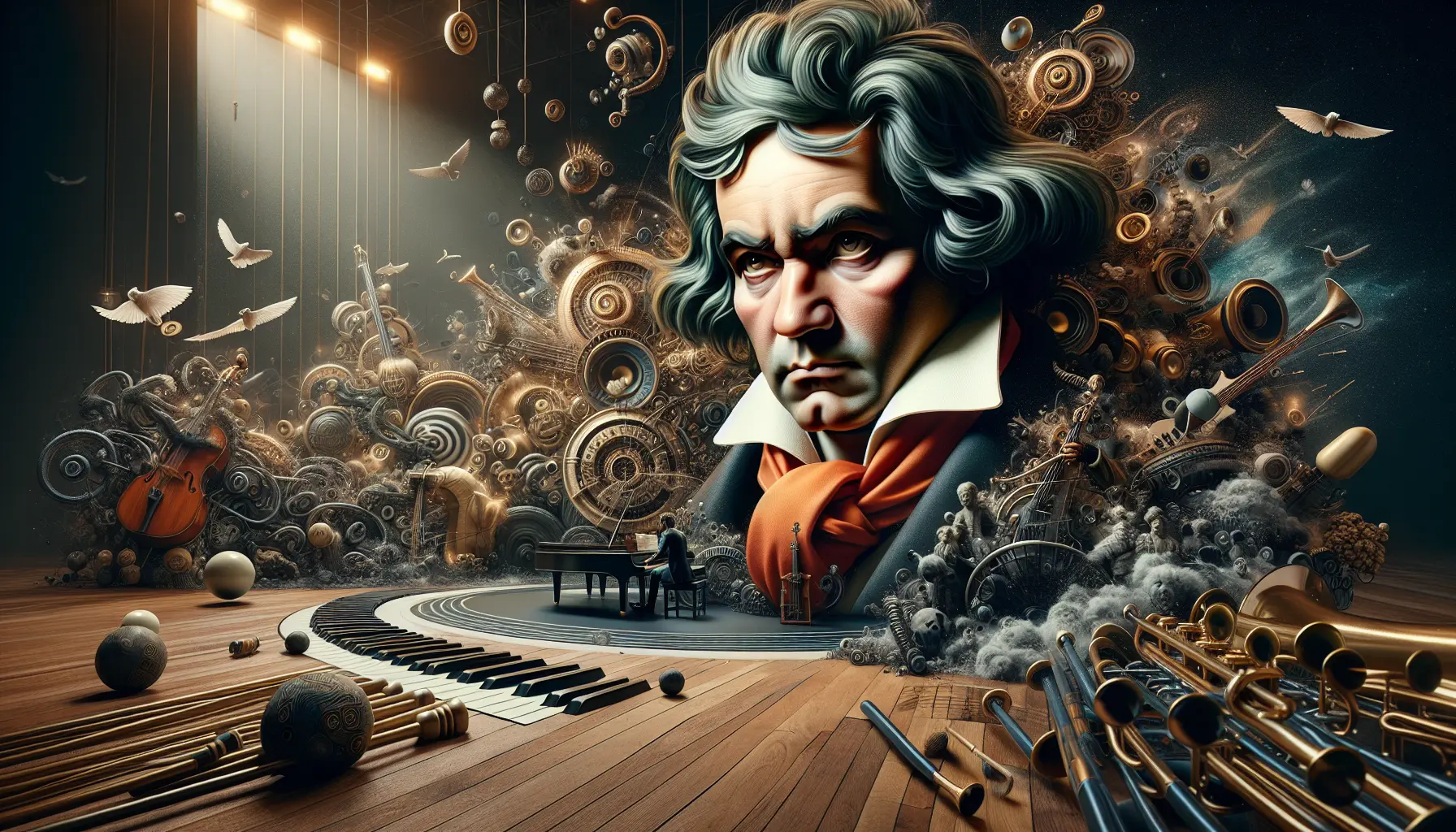 Un concerto di musica classica con un'orchestra che suona Beethoven, creando un'atmosfera magica e coinvolgente.