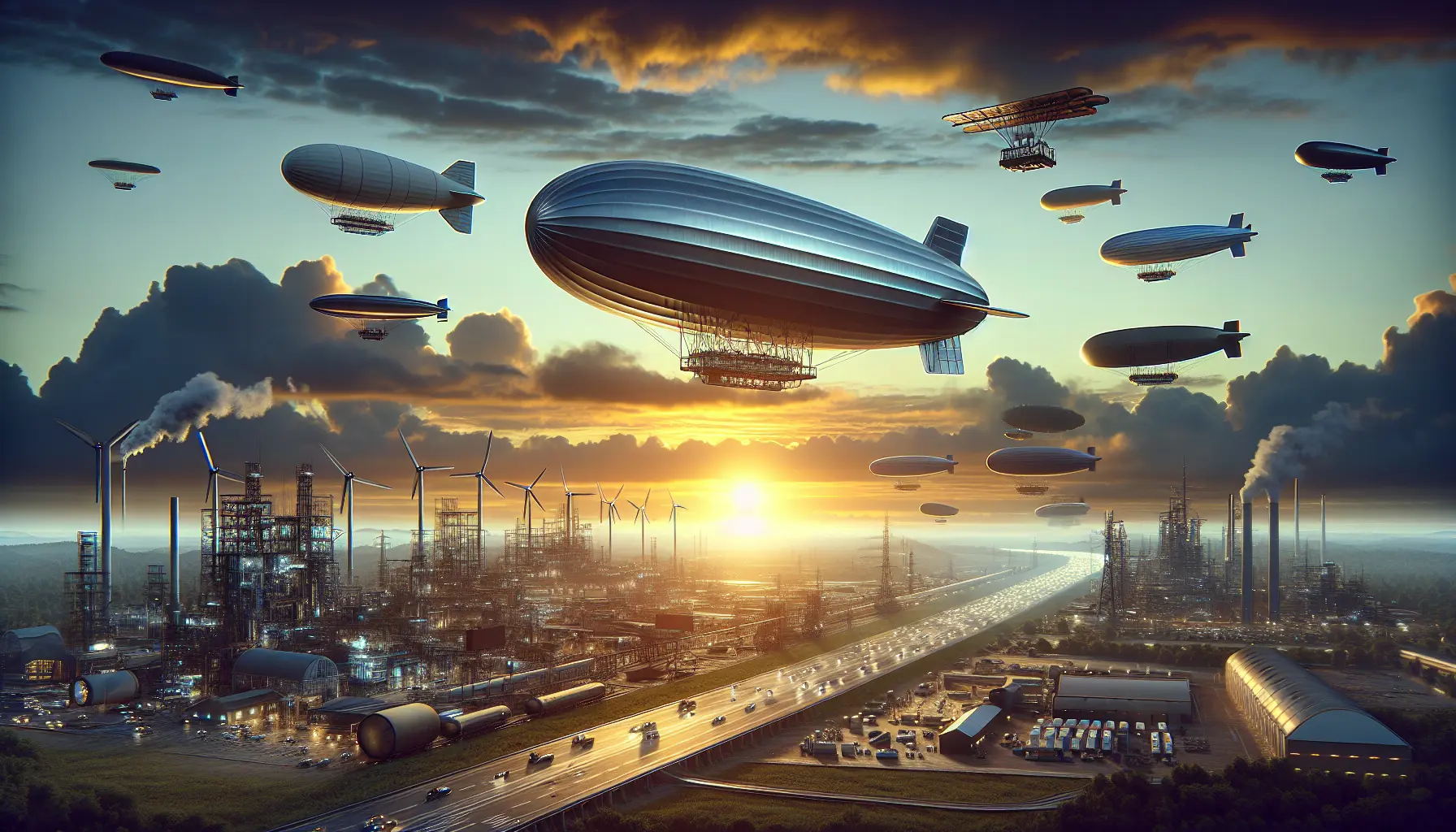 Un dirigibile moderno sorvola un paesaggio urbano, simbolo di innovazione e sostenibilità nel trasporto aereo.