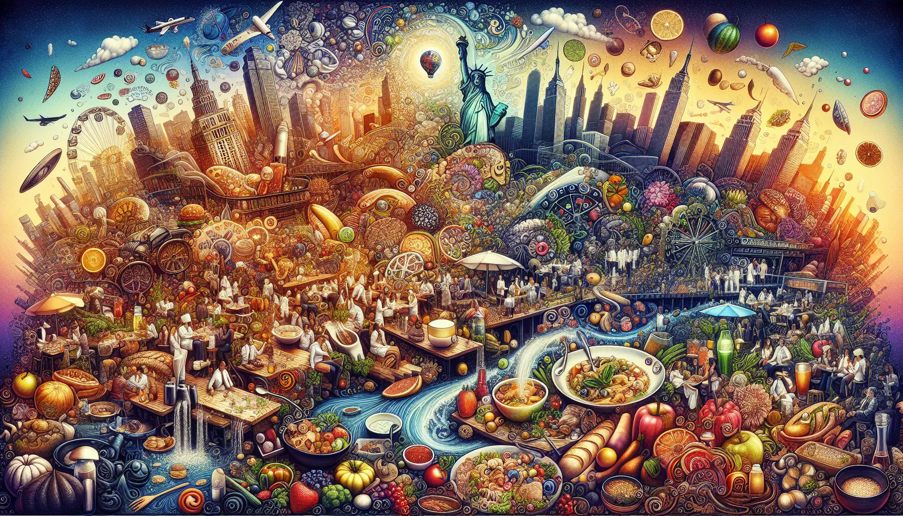 Un piatto di cucina fusion che rappresenta l'evoluzione gastronomica di New York, con ingredienti freschi e colorati che riflettono la diversità culturale della città.