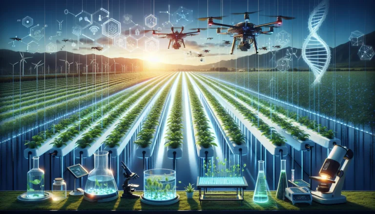 Campo di coltivazioni sostenibili con droni e tecnologia agricola