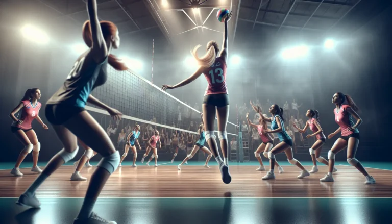 Giocatrici di pallavolo femminile in azione durante una partita, simbolo di empowerment e parità di genere.